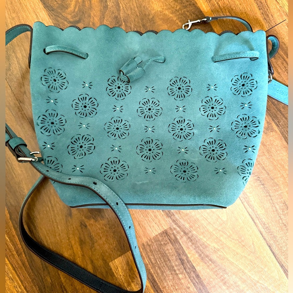 Coach Suede Bucket Bag w/Floral Cutouts & Pearl Studs